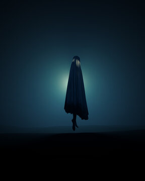 Ghost Floating Cloaked Phantom Spirit Apparition in Dark Landscape with Dramatic Backlighting Eerie Moody Atmosphere 3D Illustration