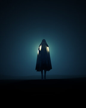 Ghost Cloaked Phantom Spirit Apparition Standing in Dark Landscape with Dramatic Backlighting Eerie Moody Atmosphere Hand Out Front 3D Illustration