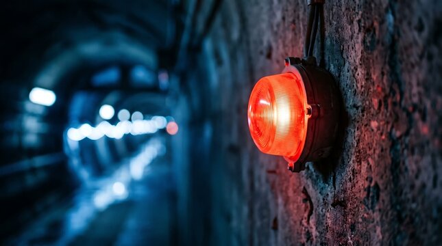 Flashing red emergency light affixed to a blue wall, concept for safety alert, hazard warning and urgent notification