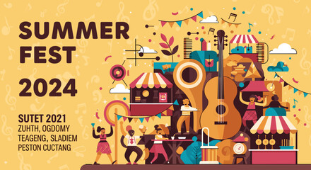 A vibrant illustration of a summer music festival with dancing people, musical instruments, food stalls, and festive decorations under a warm sky. © Uchiha