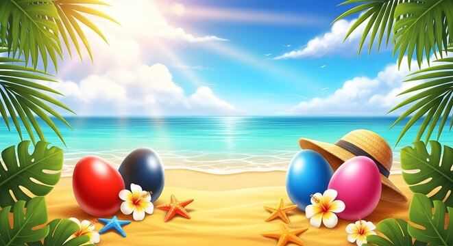 Bright summer day at the beach easter eggs sun and tropical paradise