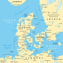 Fototapeta premium Danish straits, Denmark, political map. The Baltic Sea connected with the North Sea through Kattegat and Skagerrak. Danish Straits are international waterways and open to commercial shipping. Vector