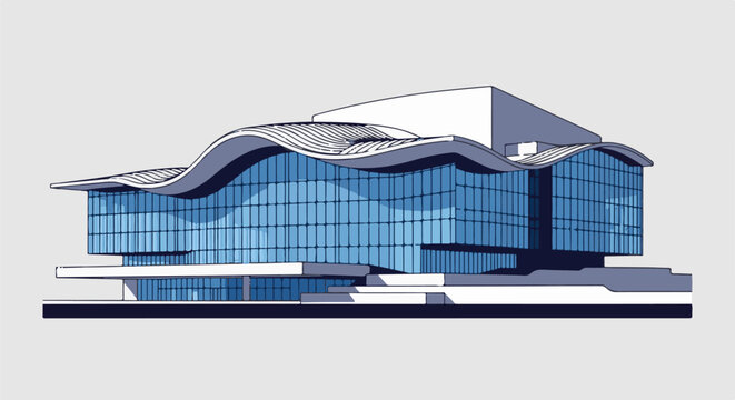 A modern architectural building with a wavy roof and glass facade