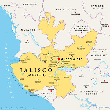 Jalisco, a state of Mexico, political map, with capital Guadalajara, largest cities, and Costalegre, the Coast of Joy, a coastal strip on the Pacific, between Puerto Vallarta and Manzanillo. Vector