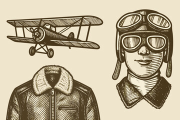 Vintage aviation set with biplane and pilot in sketch style © Esmi