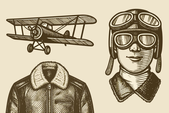 Vintage aviation set with biplane and pilot in sketch style