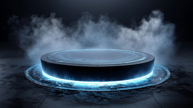 3D Rendering of sci fi mech circle shape pedestal with glowing led light and grunge dark fog and cloud background. For hi tech product display, big data, computer hardware, ai, crypto