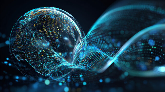 3D Rendering of globe planet in digital dots geometry form and abstract stream of binary data. Concept of fast moving technology, big data, machine learning, world business leading, hyper loop, ai
