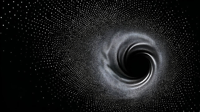 A dotted grainy gradient spiral flow. Vector gritty vortex with optical illusion. Tunnel with black stipple texture effect. Swirl of gritty pattern made by black dots or particles with stipple