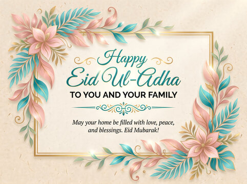 Eid uladha greeting card with floral design and happy wishes to you and your family on a beige background
