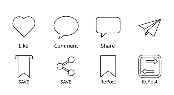 Set of social media interaction icons, including like, comment, share, save and repost buttons