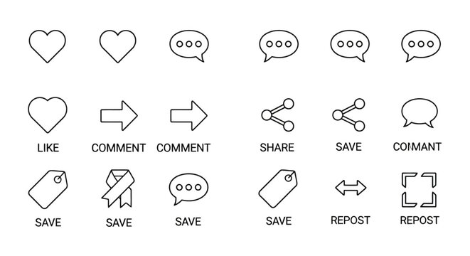 Social media icons like, comment, share, save, repost