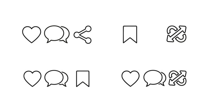 Social media and ui line icons set including like, comment, share, save, and shuffle symbols