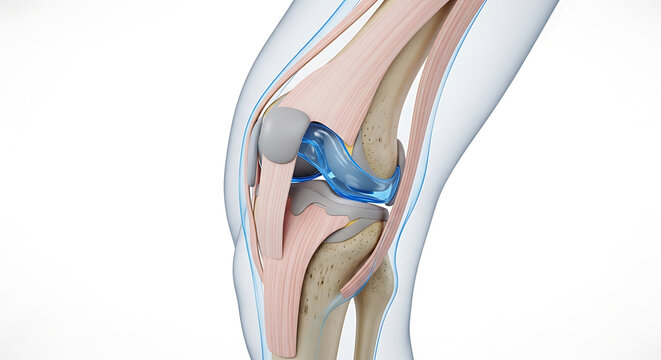 Close-up medical illustration of knee joint articulation showing synovial fluid lubrication between bones