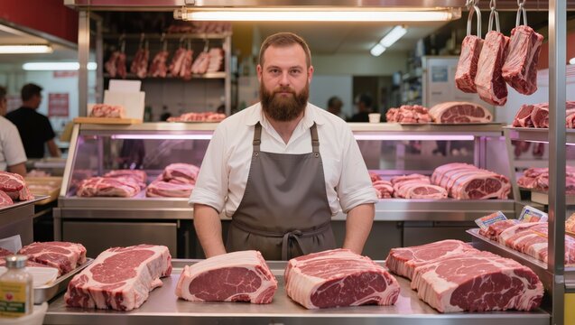 Smiling Male Butcher Expertly Posing in His Traditional Meat Shop Surrounded by an Array of Premium Freshly Cut Raw Beef and Lamb Highlighting Quality Craftsmanship and Personal Connection to the Trad