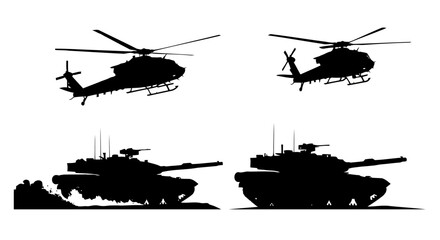 Set of military vehicles silhouettes including attack helicopters and battle tanks © Stock_Crafters