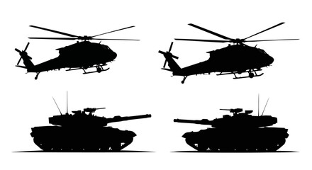 Set of military vehicle silhouettes, including helicopters and battle tanks © Stock_Crafters