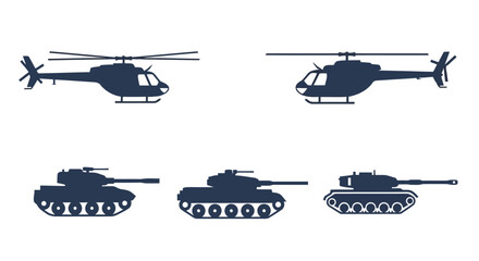 Set of military vehicles silhouettes, helicopters and tanks © Stock_Crafters