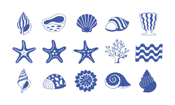 Ocean seashell starfish coral line art icon set clean vector illustration.