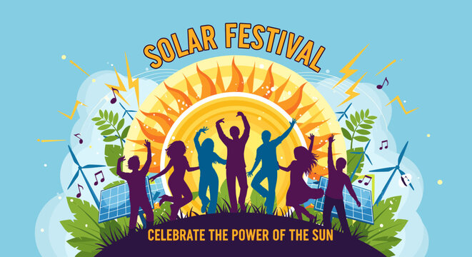 A vibrant illustration for a Solar Festival, celebrating the power of the sun with dancing silhouettes, wind turbines, solar panels, and lush greenery under a bright sun.