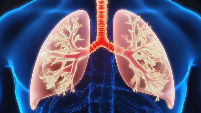Inside lung airways,
air flows smoothly in and out,
airway walls thicken and narrow,
air becomes trapped during exhale,
reduced airflow visible
