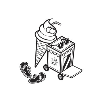 Black and white illustration of ice cream cart decorated with sunglasses and flip flops playful summer theme