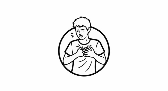 A person in a circular frame clutches their chest in pain