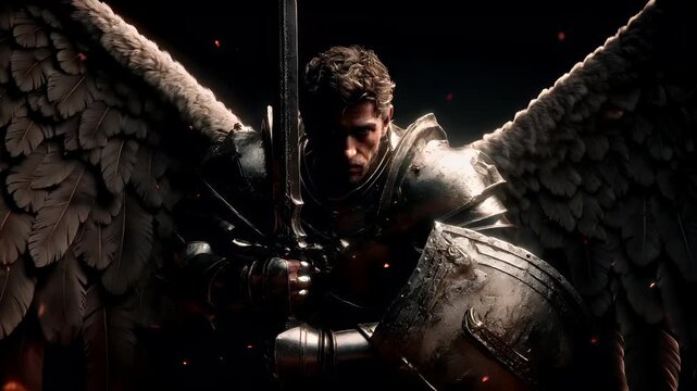 Fantasy wallpaper. A dramatic portrayal of a winged warrior, set against a dark, atmospheric backdrop. The warrior, in the foreground, wields a long, ornate sword with a sharp blade.