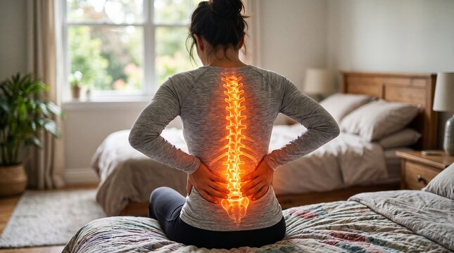 Woman with back pain sitting on a bed, depicted with an illuminated spine highlighting discomfort