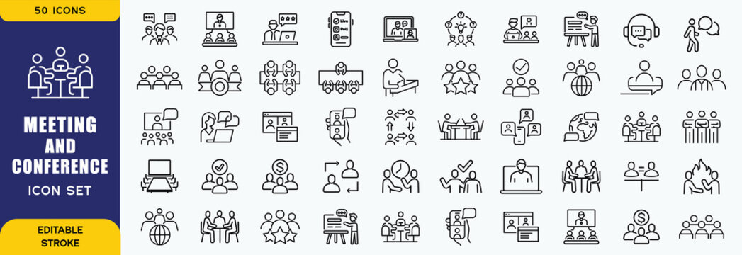 Meeting and conference icon set. collection in flat style. Icon pack contains conference, meeting, seminar, workshop, audience, presentation, networking, discussion, agenda, session