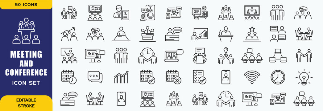 Meeting and conference icon set. Containing seminar, business meeting, presentation, interview, conference, assembly, agreement and discussion icons. Solid icon collection