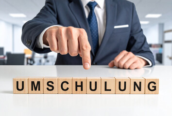Obraz premium Umschulung - Geschäftsmann zeigt auf den Text 