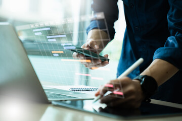 Business people professional using tablet with digital workflow interface,representing project planning,schedule plan,task management process optimization and corporate strategy implementation concept © Zerofukuman
