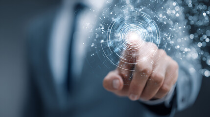 Fototapeta premium Businessman touching the digital transformation and Smart processes, modern systems, upgraded workflows and technological evolution.