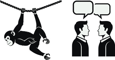 Black and white illustration showing monkey hanging upside down on rope and two human figures engaged in conversation communication concept © tajwar