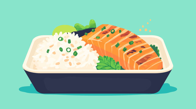 Artistic depiction of a meal featuring grilled salmon, white rice, greenery, in a container