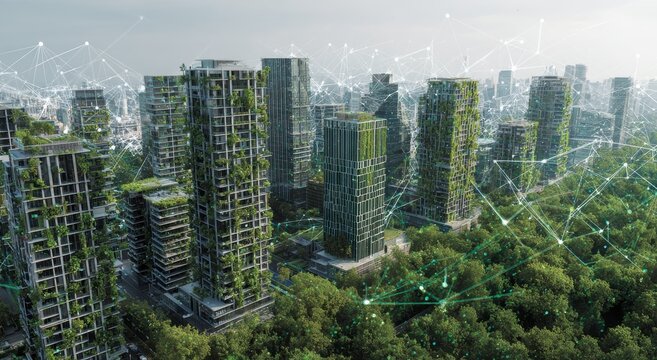 Sustainable cityscape with green skyscrapers and urban forest landscape city view green buildings ur