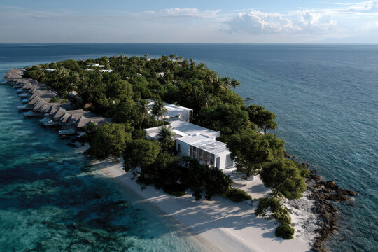 This stunning aerial view captures a serene tropical island featuring luxurious overwater bungalows, lush palm trees, and crystal-clear turquoise waters under a bright sky.