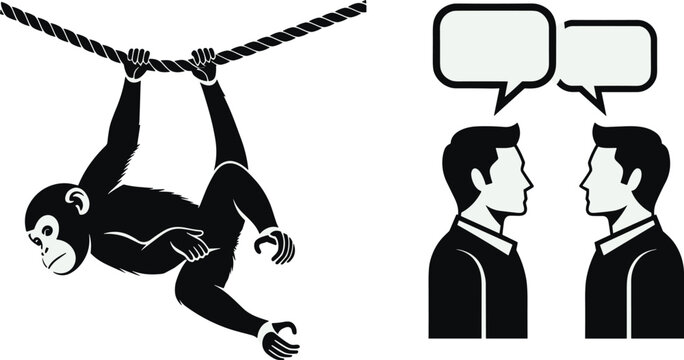 Black and white illustration showing monkey hanging upside down on rope and two human figures engaged in conversation communication concept