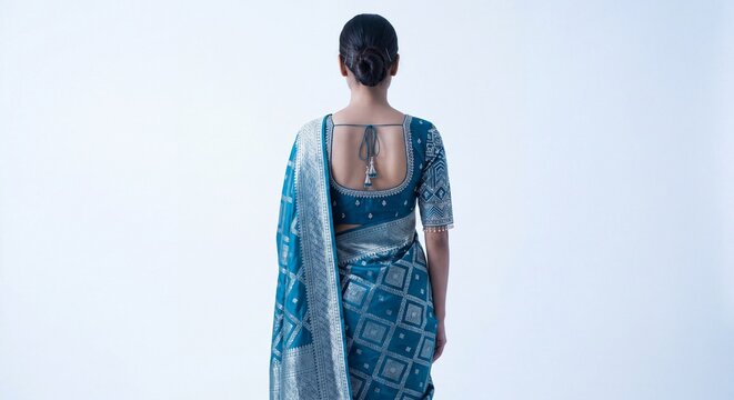 indian woman back view wearing embroidered silk saree blouse bridal fashion, traditional saree blouse design with gold embroidery luxury ethnic wear, indian bridal blouse back design silk saree