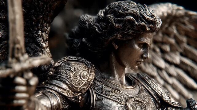 Fantasy wallpaper. A detailed, closeup of a statue of an angel. The angel has wavy, curly hair and is depicted in a contemplative pose, holding a sword in one hand and a shield in the other.