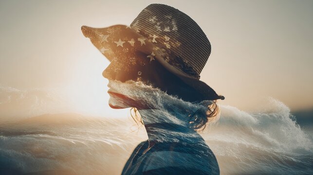  Double exposure of woman in hat with American flag pattern and ocean sunset for Independence Day