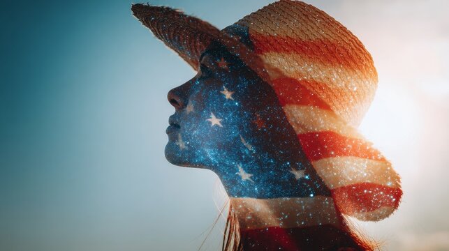  Double exposure of woman in hat with American flag pattern and ocean sunset for Independence Day