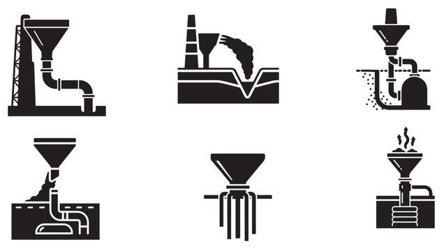 Industrial filtration and drainage system icons showing wastewater treatment and pipe flow processes
