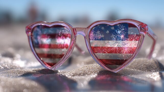  American flag and fireworks reflection in heart shaped sunglasses on sandy beach