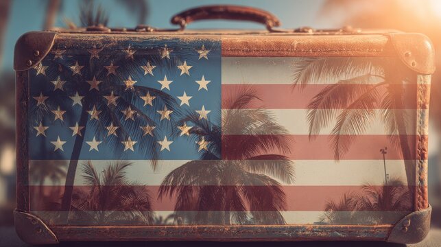 Vintage suitcase with American flag pattern on tropical beach with palm trees
