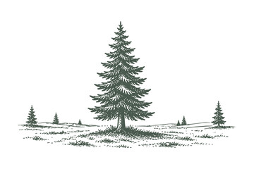 Fototapeta premium Single Symmetrical Pine Tree in Open Field, Detailed Engraving Style Vector Illustration, Minimalist Evergreen Botanical Element for Nature Branding.