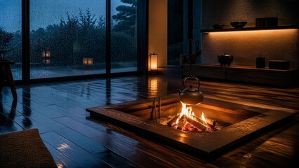 Naklejka premium Modern Japanese-style irori hearth in a minimalist glass house with rain and reflective floor