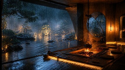 Obraz premium Modern Japanese-style irori hearth in a minimalist glass house with rain and reflective floor