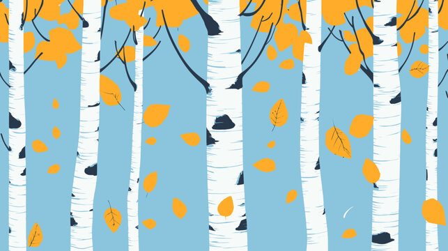 Stylized illustration of birch trees with yellow leaves against a light blue background
